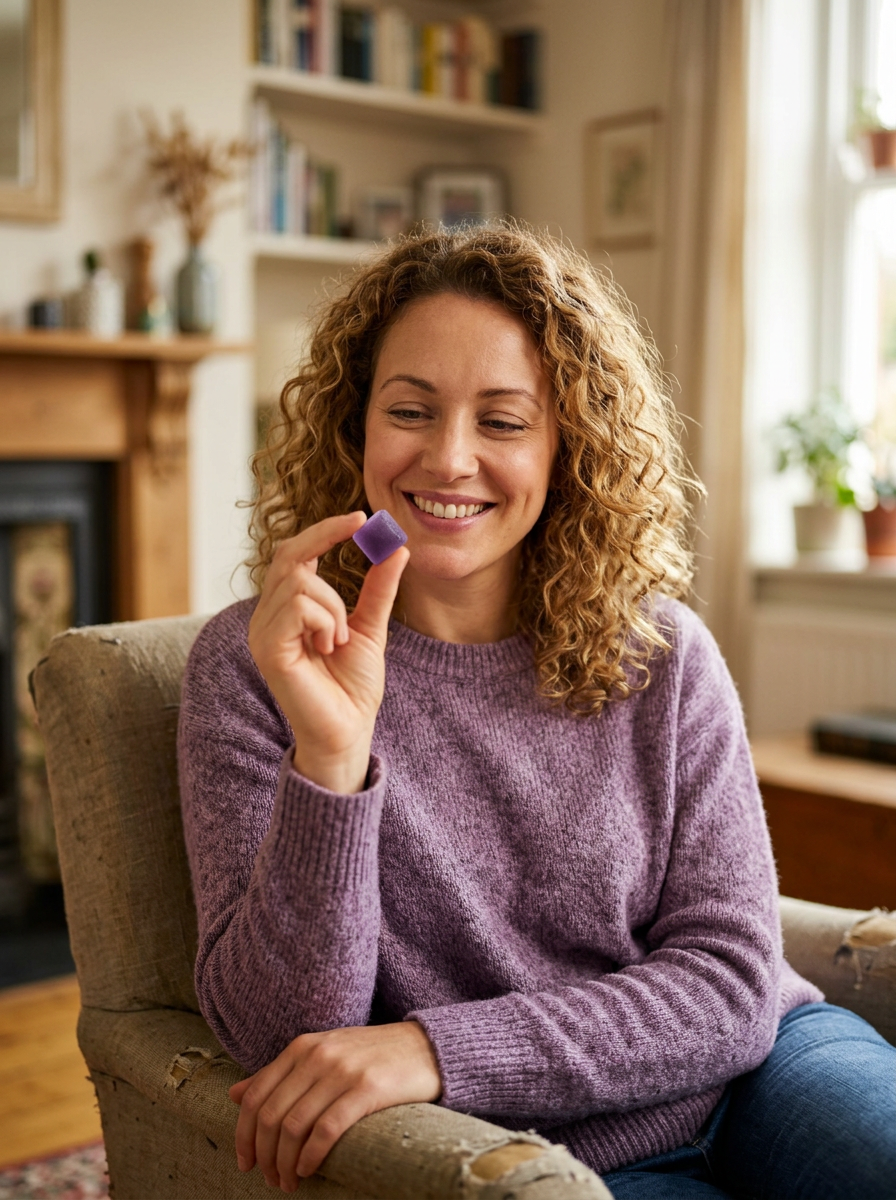 A quiet everyday moment with a blackberry gummy